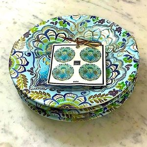 222 FIFTH AISHA APPETIZER PLATS SET OF 4 NEW 6 1/2 INCH ROUND BLUE GOLD